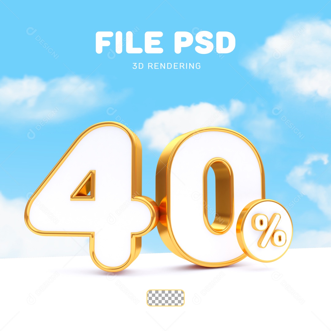 Desconto 40% Elemento 3D Branco e Dourado para Composição PSD
