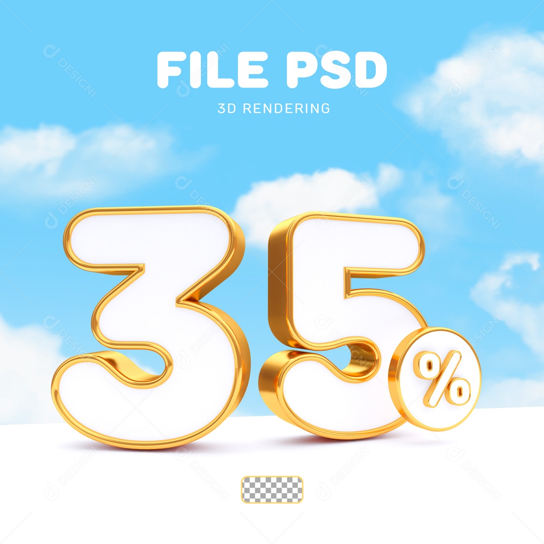 Desconto 35% Elemento 3D Branco e Dourado para Composição PSD