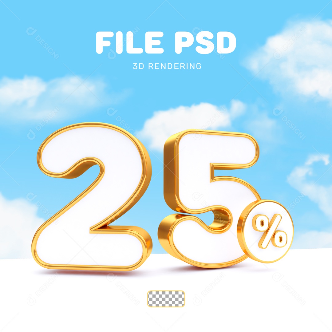 Desconto 25% Elemento 3D Branco e Dourado para Composição PSD