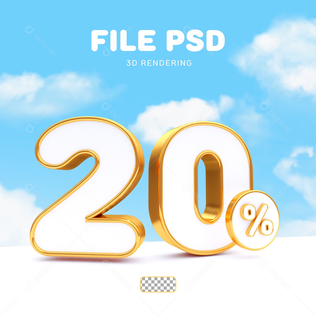 Desconto 20% Elemento 3D Branco e Dourado para Composição PSD