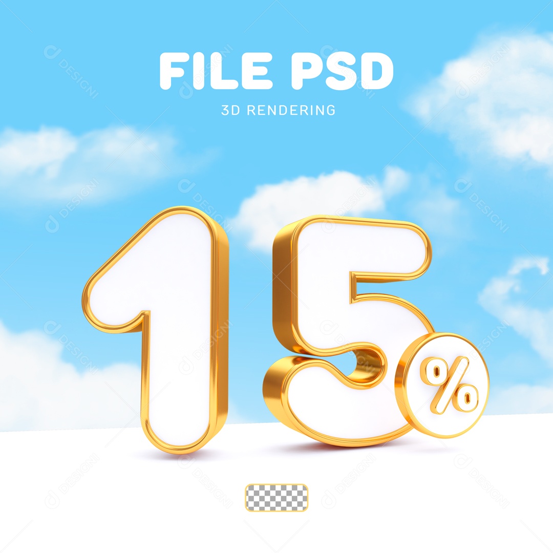 Desconto 15% Elemento 3D Branco e Dourado para Composição PSD