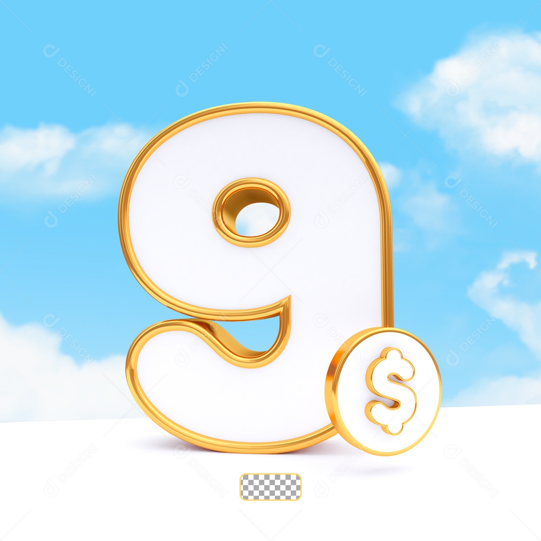 Desconto de 9 Reais Elemento 3D Dourado e Branco para Composição PSD