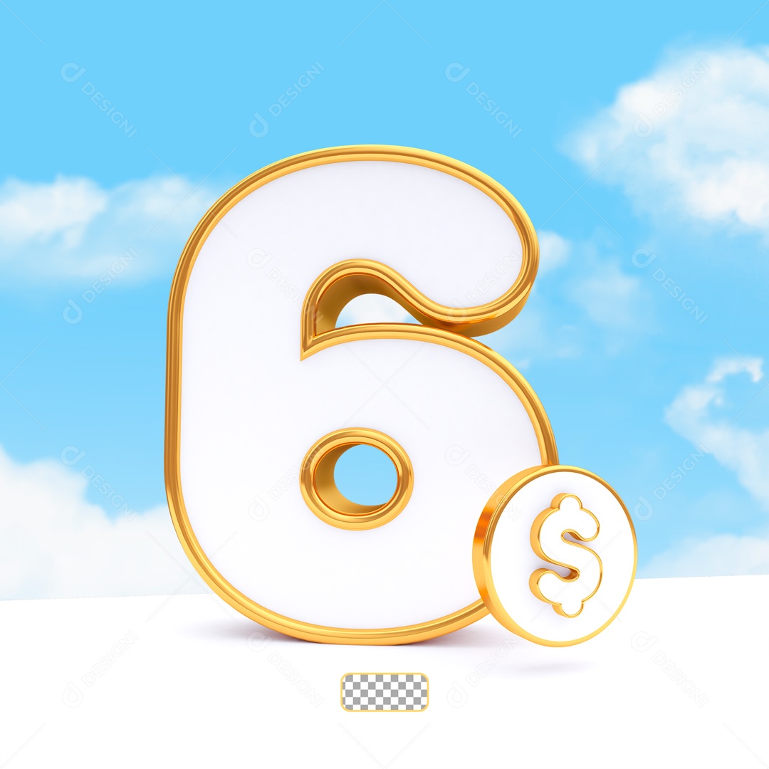 Desconto de 6 Reais Elemento 3D Dourado e Branco para Composição PSD