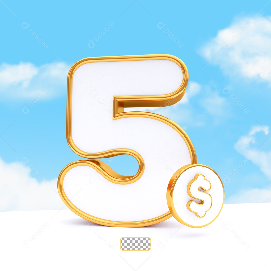 Desconto de 5 Reais Elemento 3D Dourado e Branco para Composição PSD