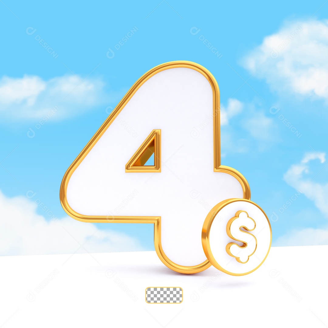 Desconto de 4 Reais Elemento 3D Dourado e Branco para Composição PSD