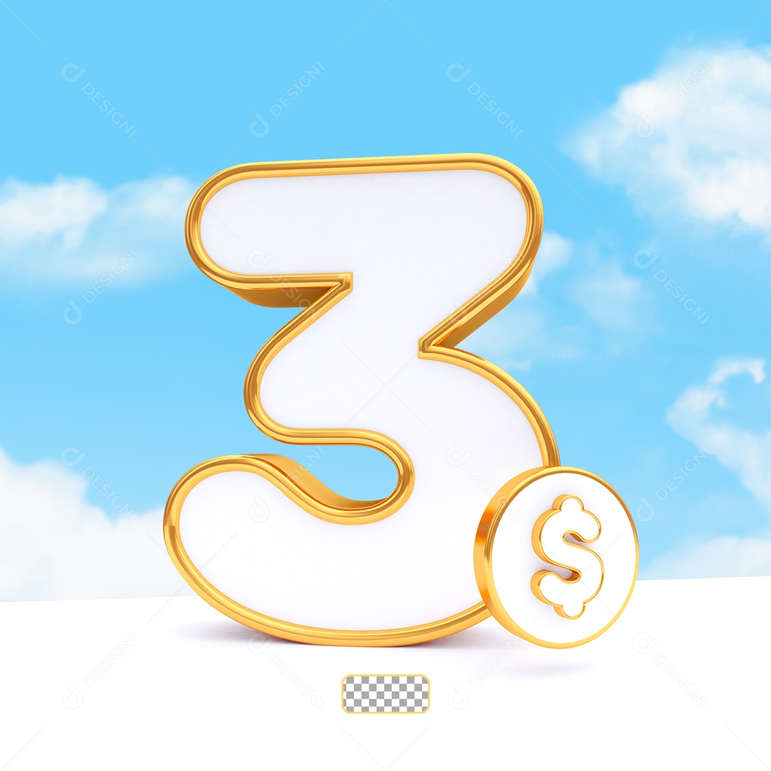Desconto de 3 Reais Elemento 3D Dourado e Branco para Composição PSD