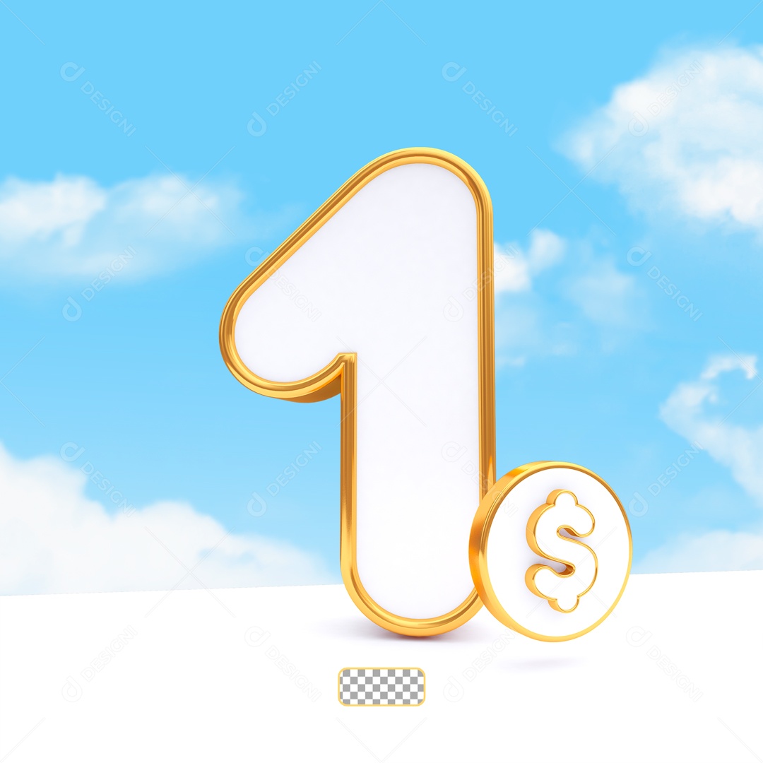 Desconto de 1 Real Elemento 3D Dourado e Branco para Composição PSD