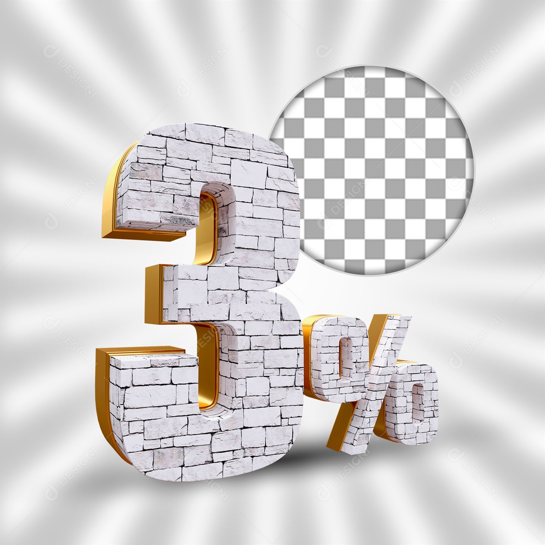 Desconto de 3% OFF Elemento 3D Branco e Dourado para Composição PSD