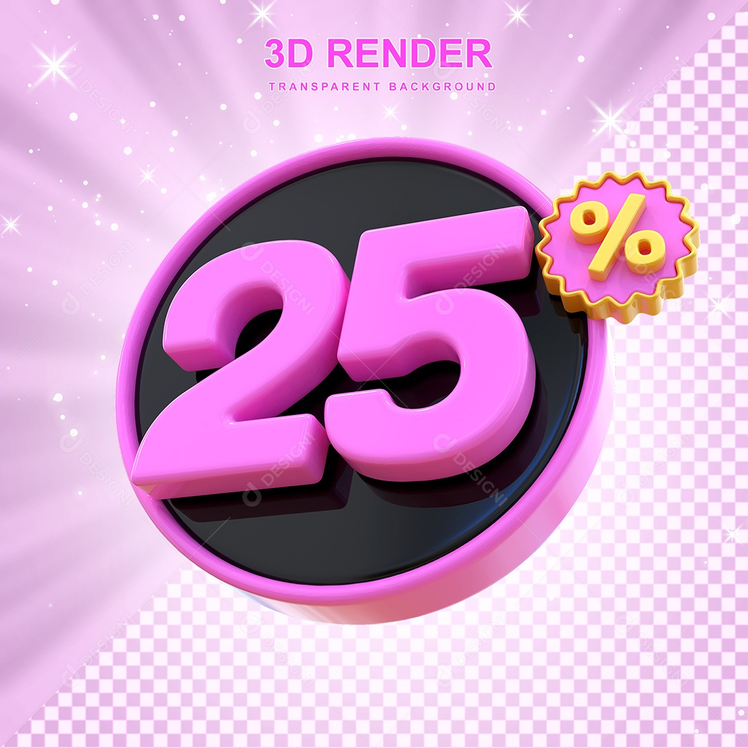 Desconto de 25% Elemento 3D Rosa e Preto para Composição PSD