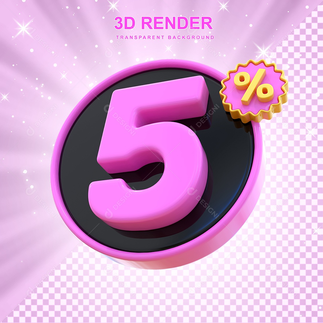 Desconto de 5% Elemento 3D Rosa e Preto para Composição PSD