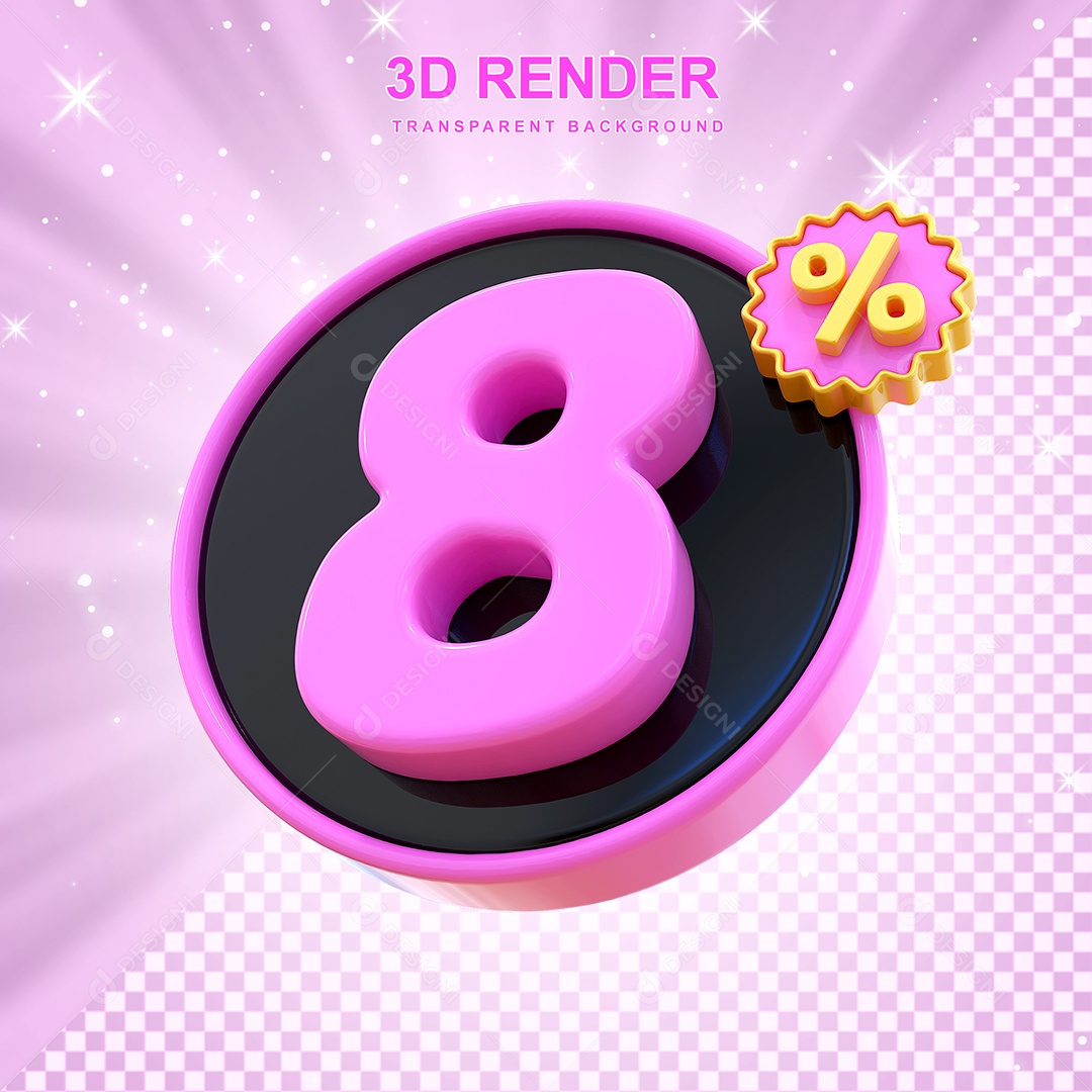 Desconto de 8% Elemento 3D Rosa e Preto para Composição PSD