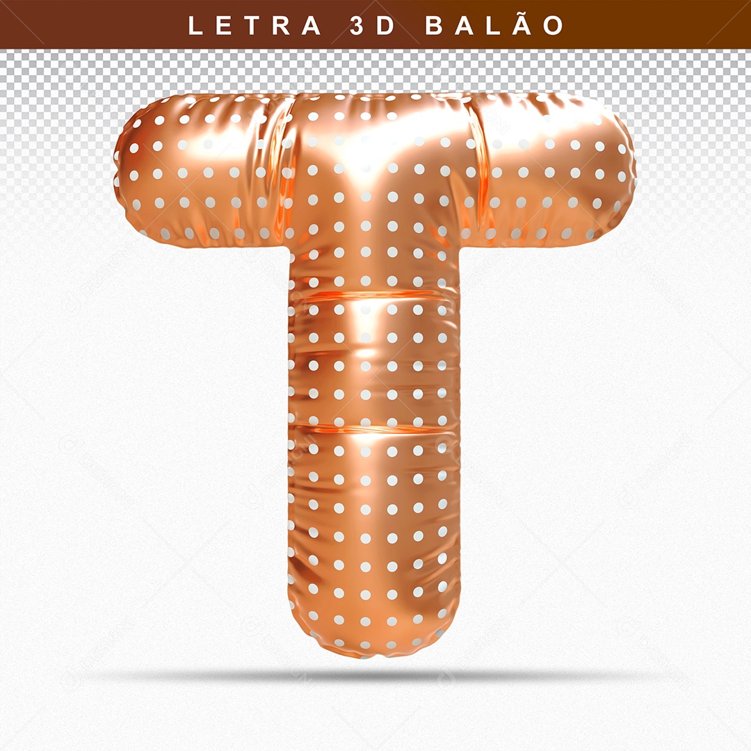 Balão de Letra T Maiúscula Elemento 3D Dourado para Composição PSD