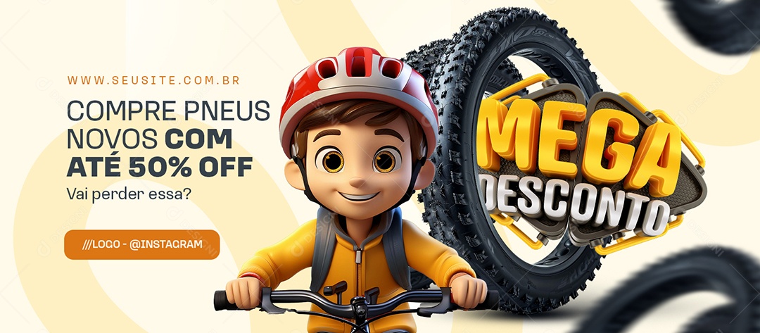 Banner Mega Desconto Loja de Bicicleta Pneus Social Media PSD Editável
