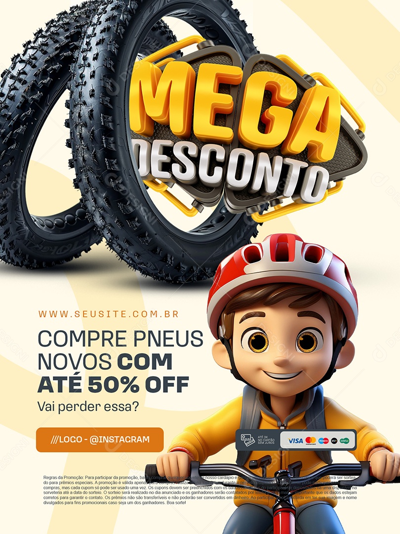 Mega Desconto Loja de Bicicleta Encarte Pneus Social Media PSD Editável