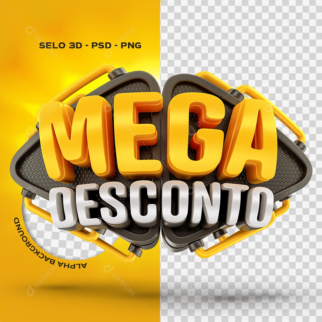 Mega Desconto Selo 3D Amarelo e Branco para Composição PSD