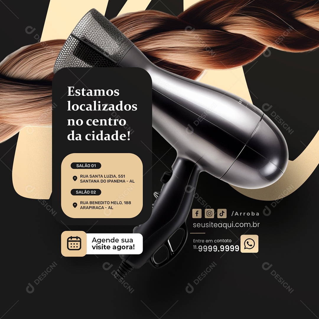 Salão de Beleza Estamos Localizados no Centro Social Media PSD Editável