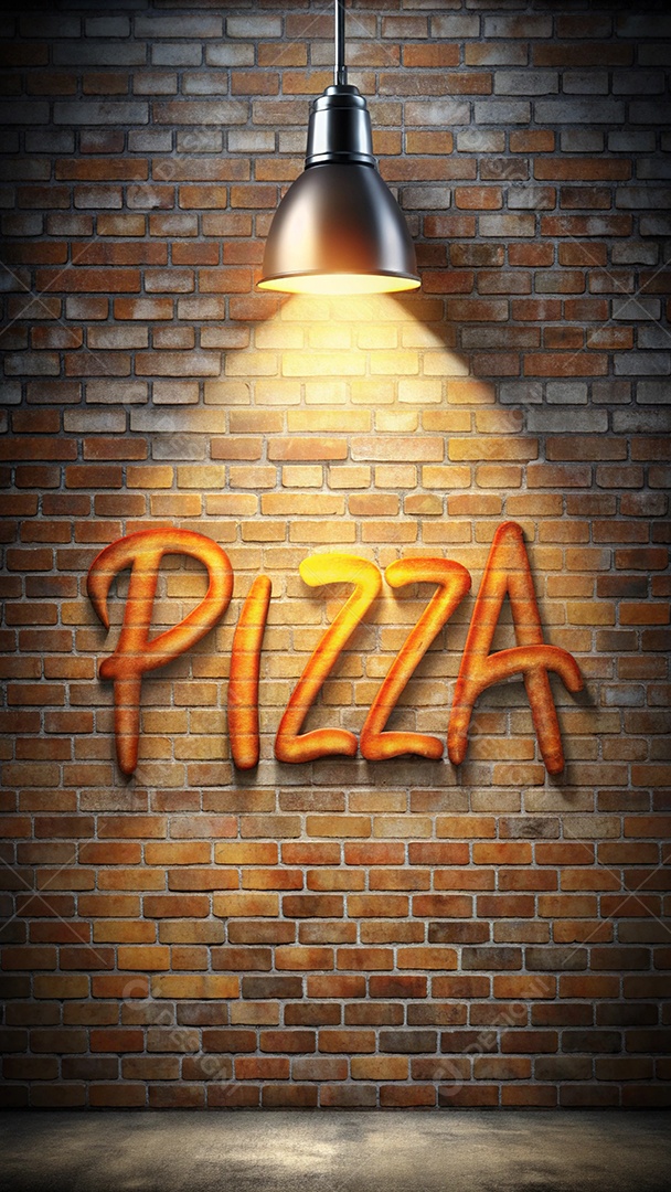 Parede de tijolos com luminária e gráfite de pizza