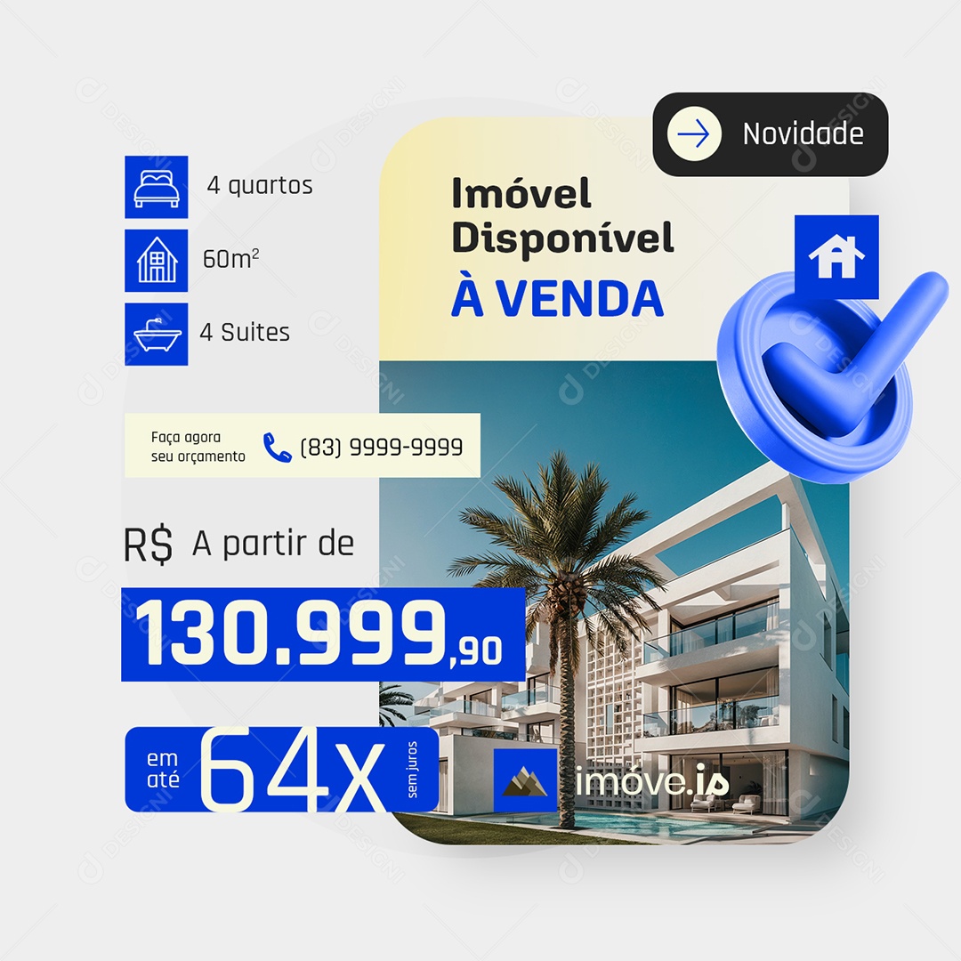 Imóveis Novidade Imóvel Disponível à Venda Social Media PSD Editável