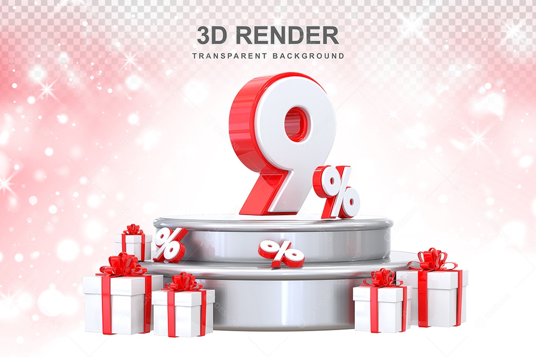 Pódio de Número Vermelho 9% Elemento 3D para Composição PSD