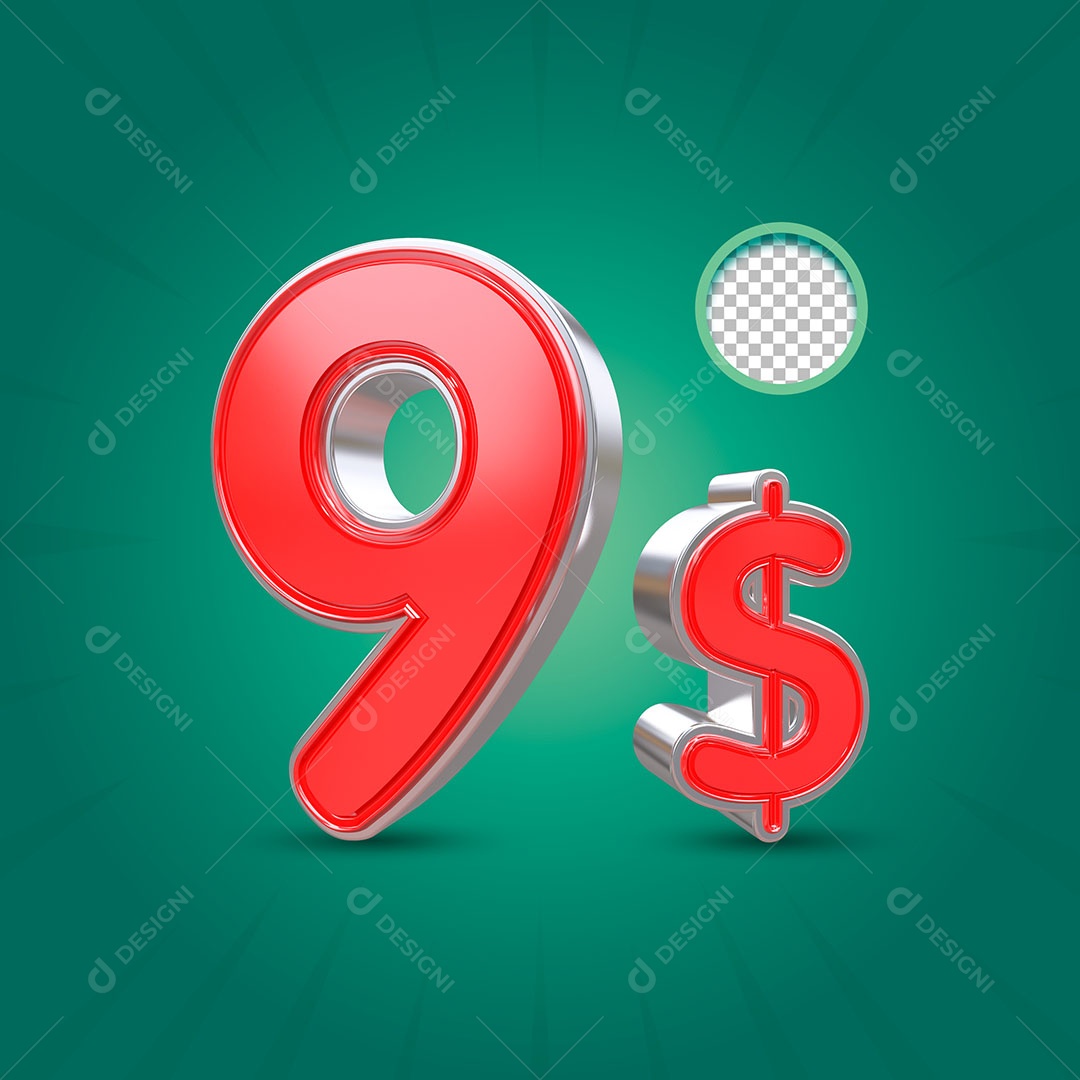 Número 3D 9 Dólares para Composição PSD
