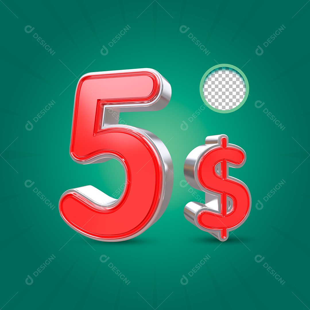 Número 3D 5 Dólares para Composição PSD
