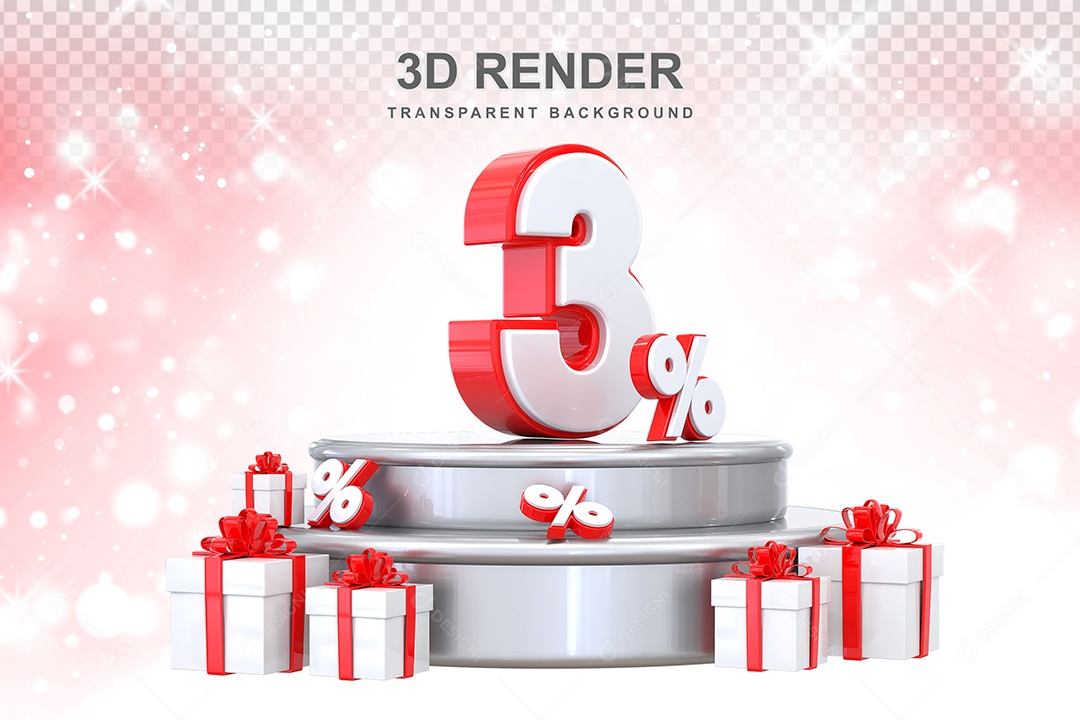 Pódio de Número Vermelho 3% Elemento 3D para Composição PSD