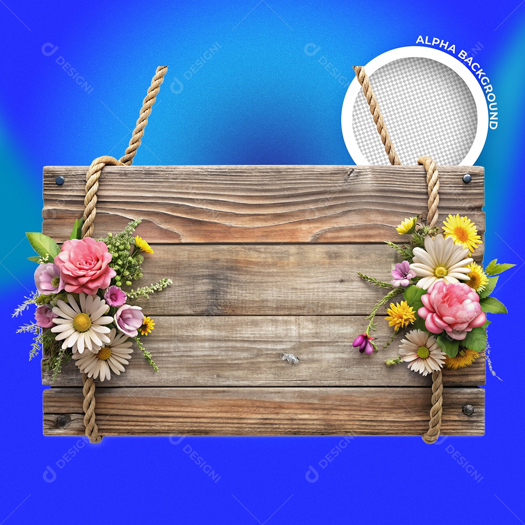 Placa de Madeira Enfeite de Flores Elemento 3D para Composição PSD