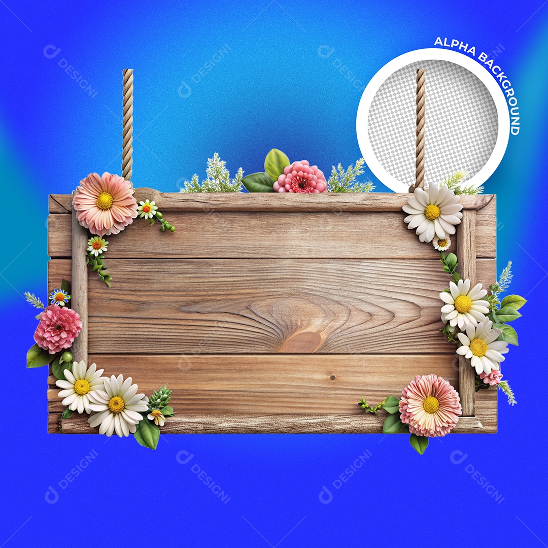 Placa de Madeira com Flores Elemento 3D para Composição PSD