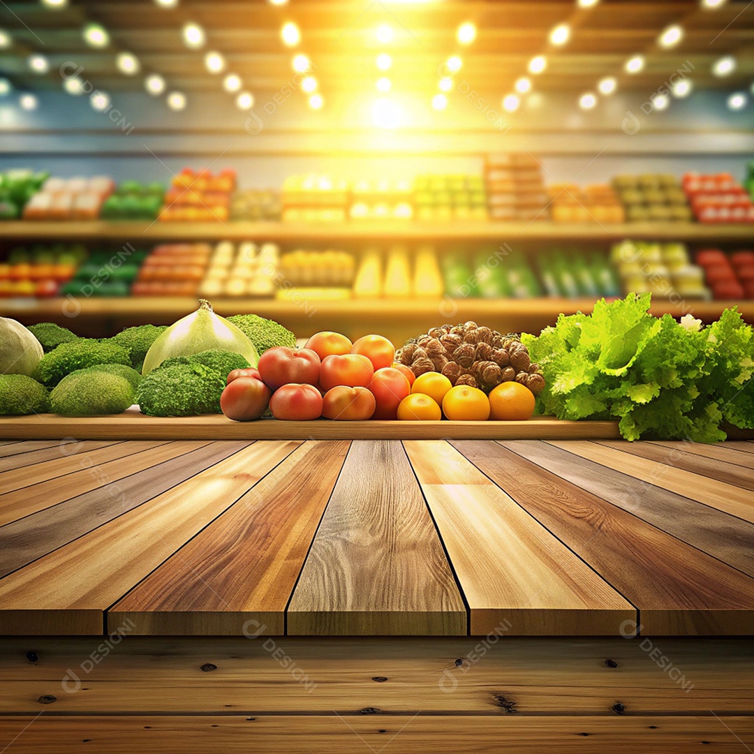 Bancada de um mercado com visão para prateleira frutas e verduras