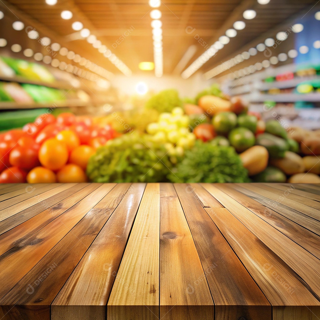 Bancada de um mercado com prateleira de frutas e verduras