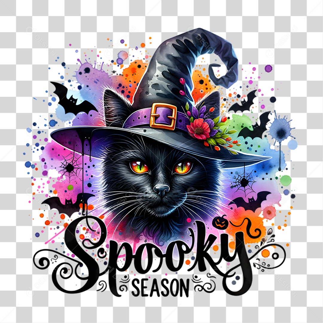 Elemento 3D Halloween Gato Bruxa PNG Transparente