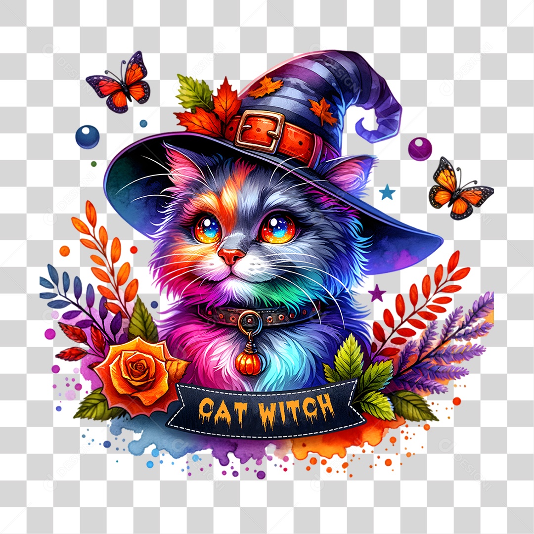 Elemento 3D Halloween Gato bruxa PNG Transparente