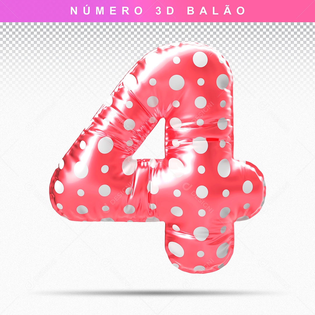Balão de Número 4 3D Vermelho para Composição PSD