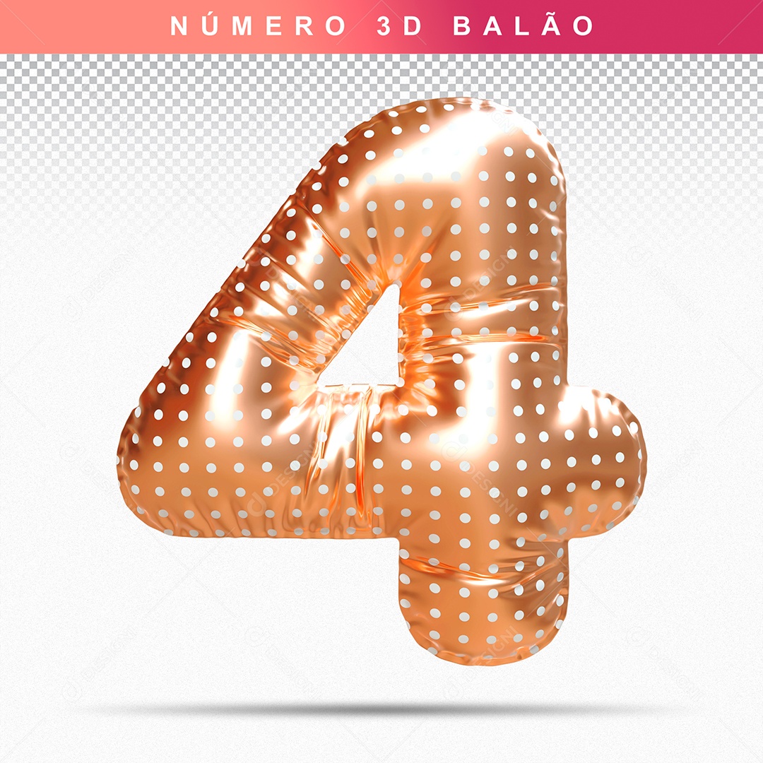 Balão de Número 4 3D Dourado para Composição PSD