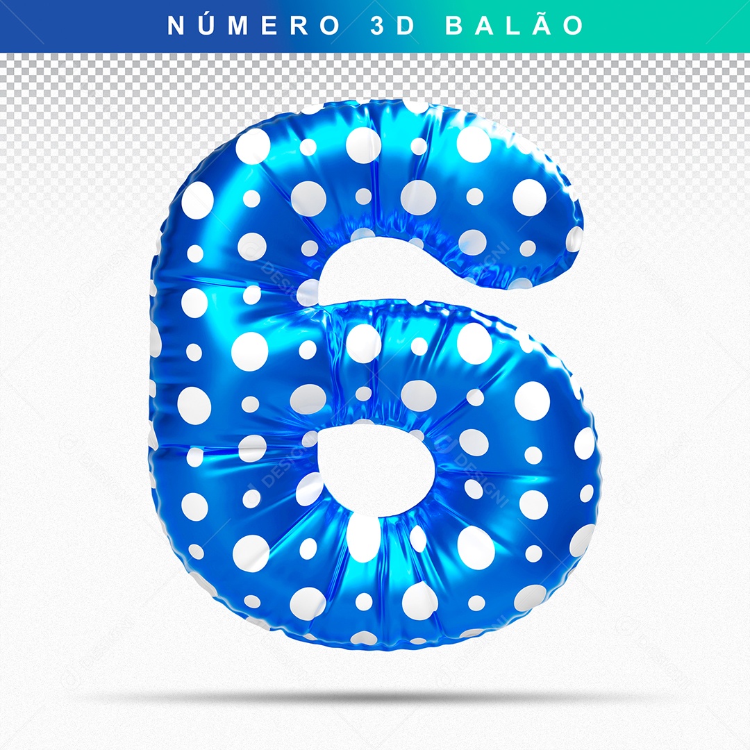 Balão de Número 6 3D Azul para Composição PSD