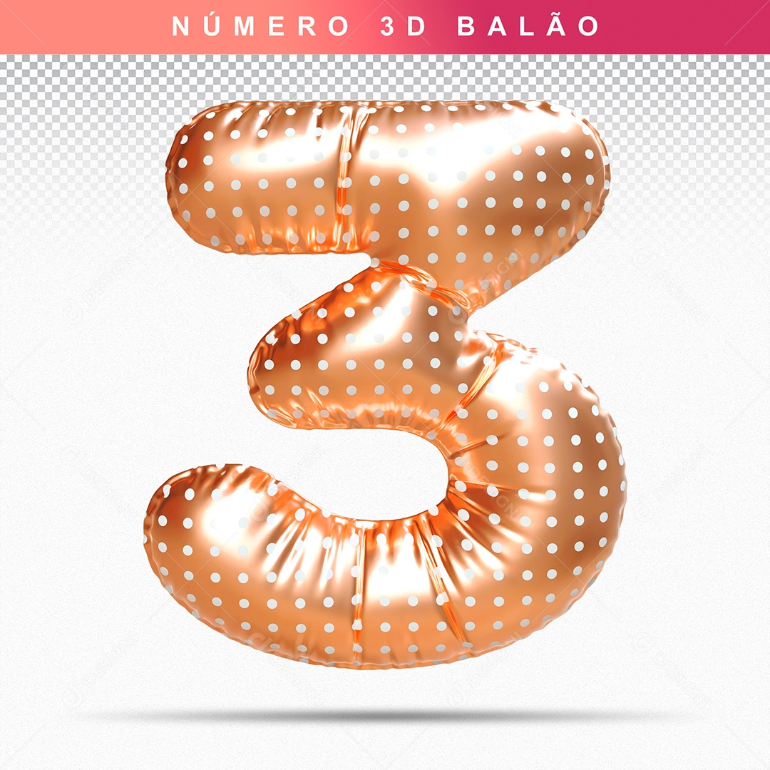 Balão de Número 3 3D Dourado para Composição PSD