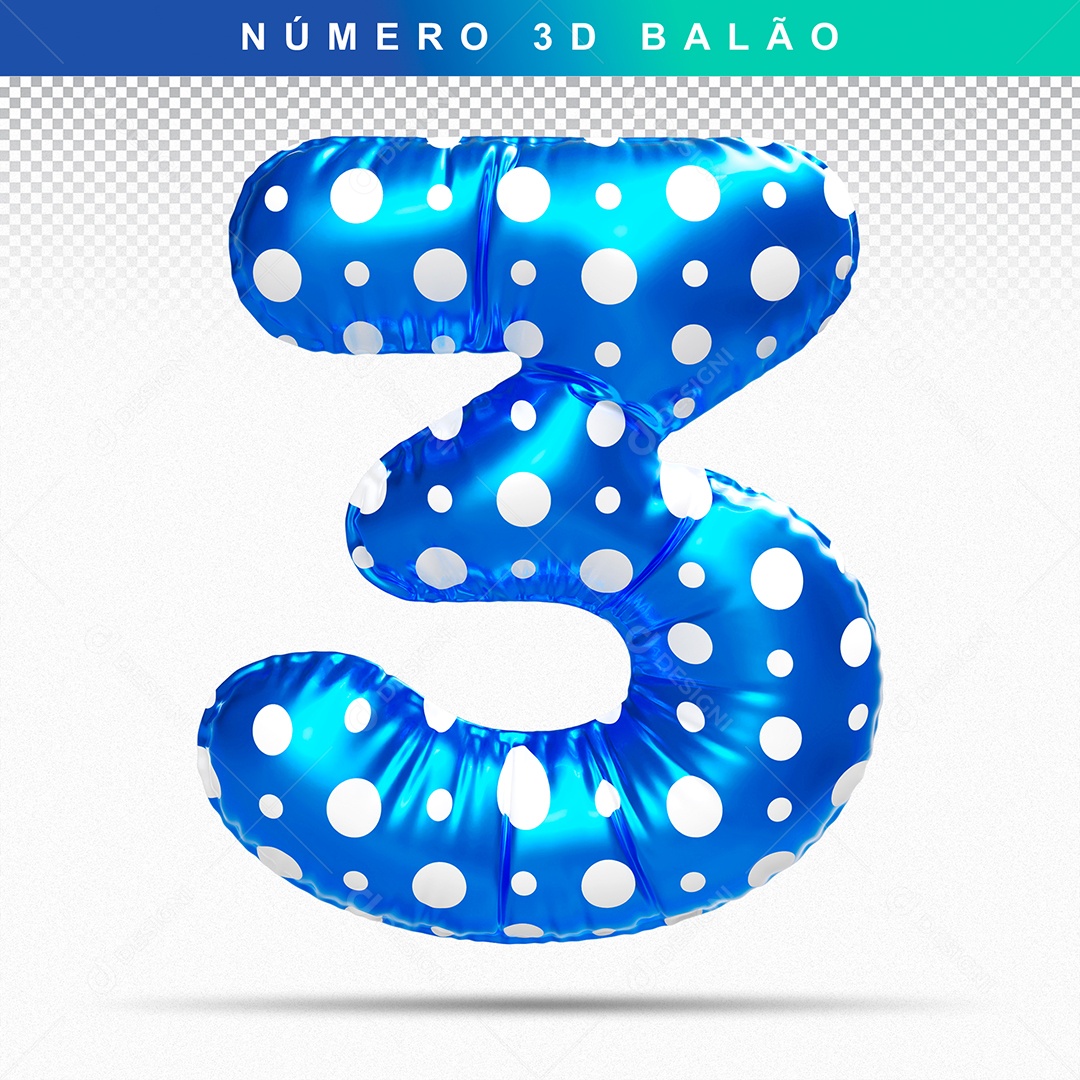 Balão de Número 3 3D Azul para Composição PSD