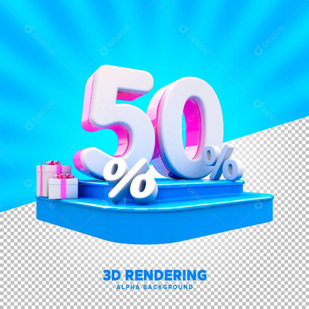 Desconto 50% Elemento 3D Branco e Rosa para Composição PSD