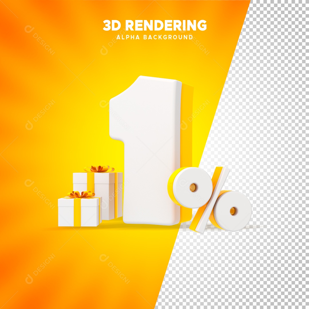 Desconto 1% Elemento 3D Amarelo e Branco para Composição PSD