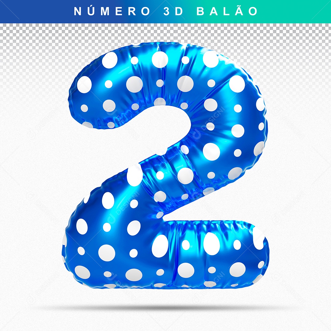 Balão de Número 2 3D Azul para Composição PSD