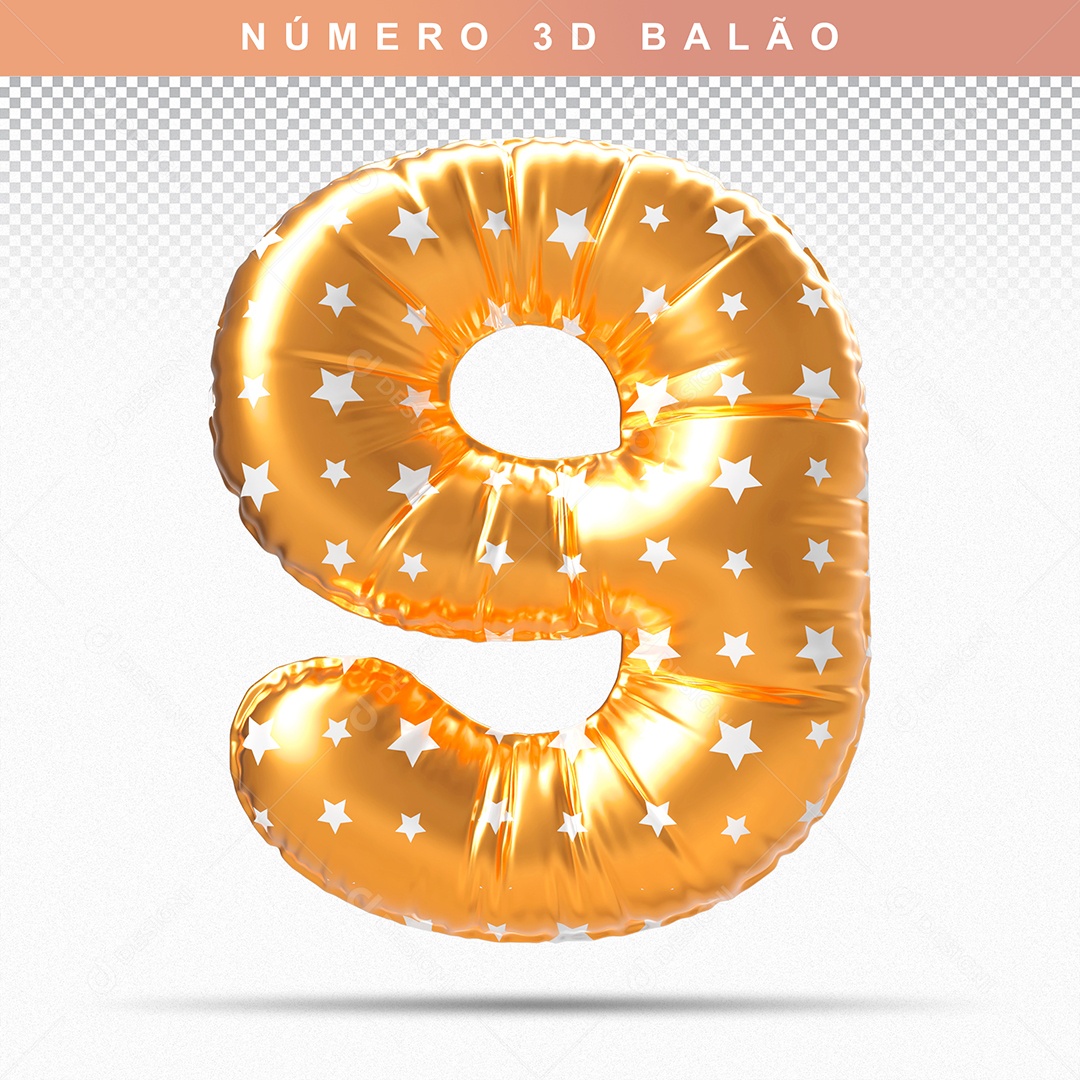 Balão de Número 9 3D Dourado para Composição PSD