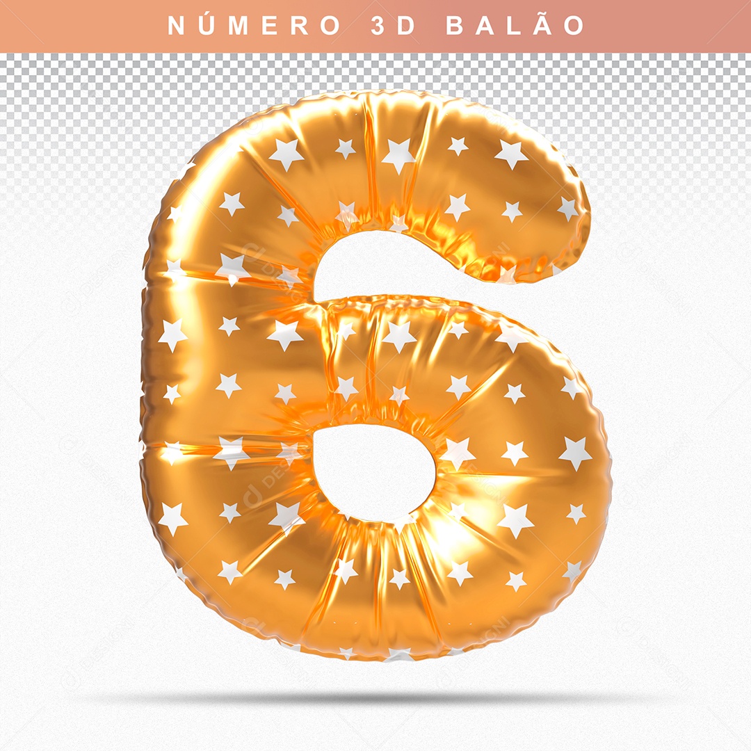 Balão de Número 6 3D Dourado para Composição PSD