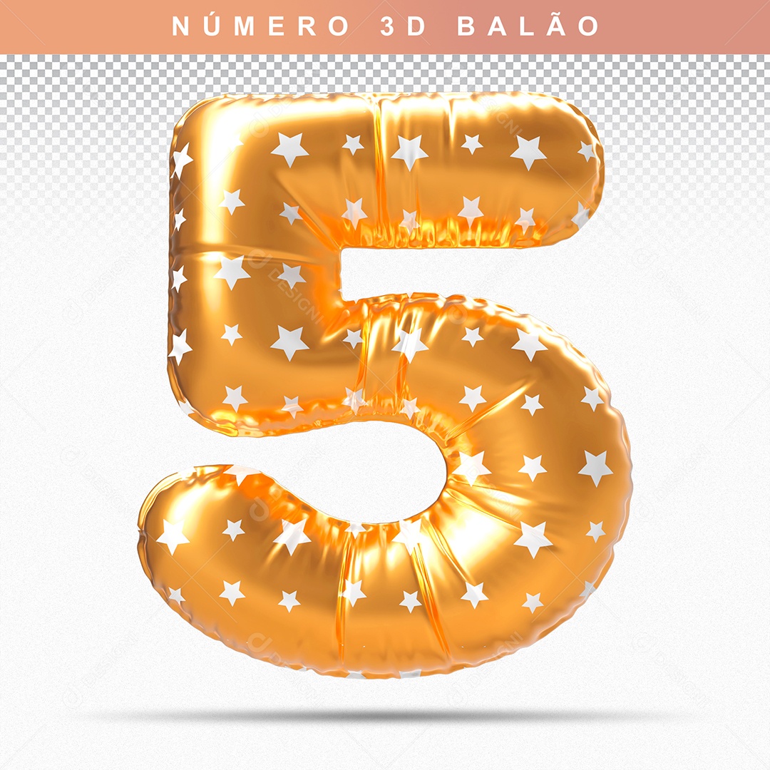 Balão de Número 5 3D Dourado para Composição PSD