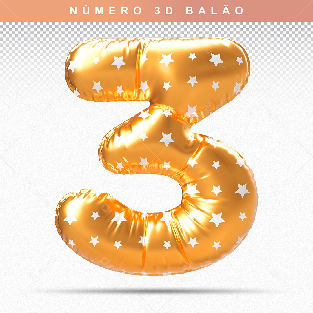 Balão de Número 3 3D Dourado para Composição PSD