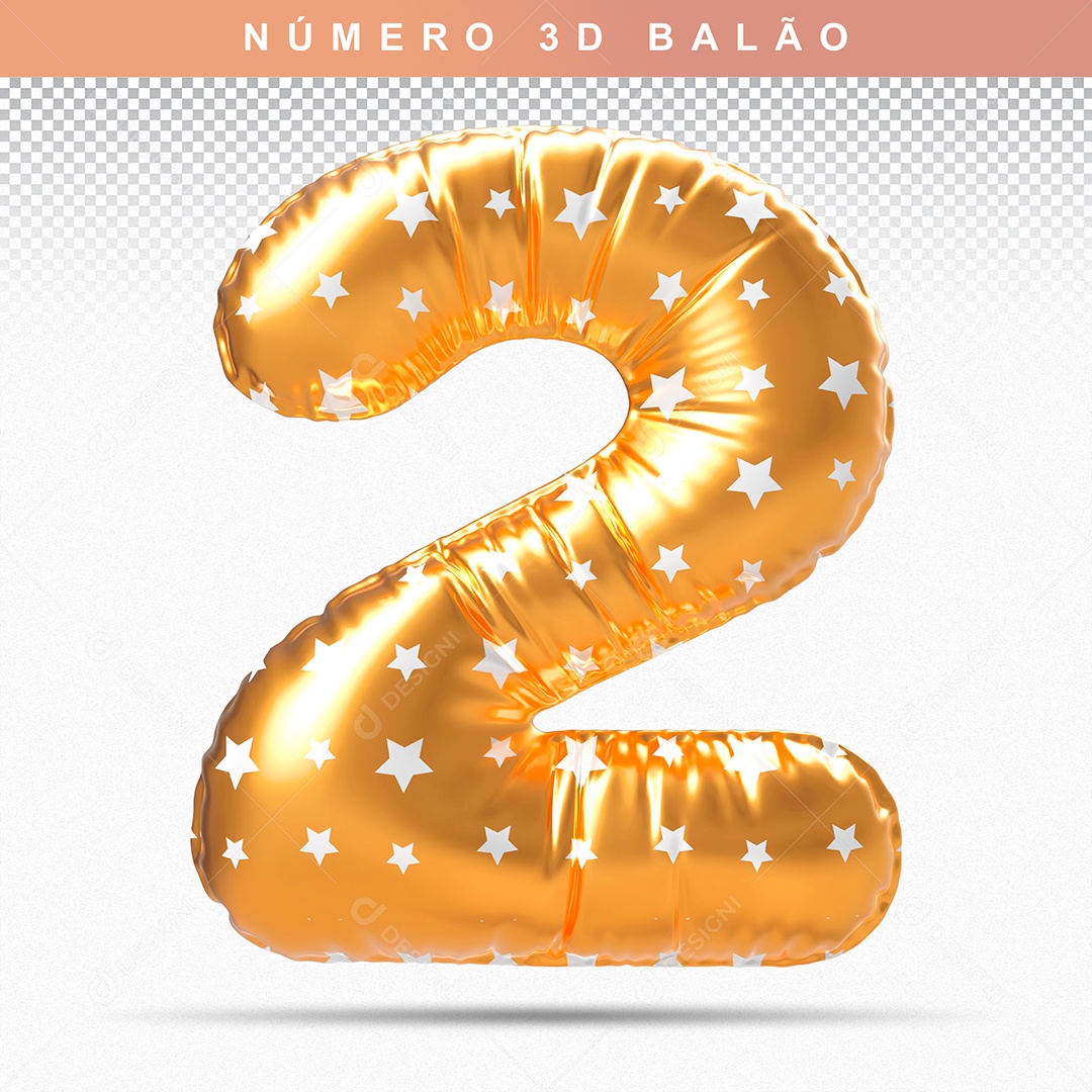 Balão de Número 2 3D Dourado para Composição PSD