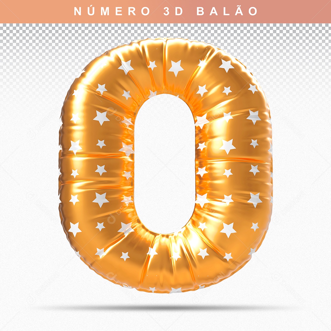 Balão de Número 0 3D Dourado para Composição PSD