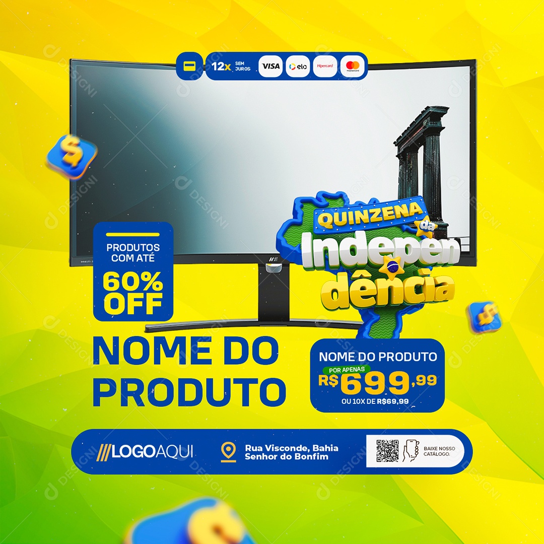 Quinzena da Independência Eletrônicos Monitor 60% Off Social Media PSD Editável