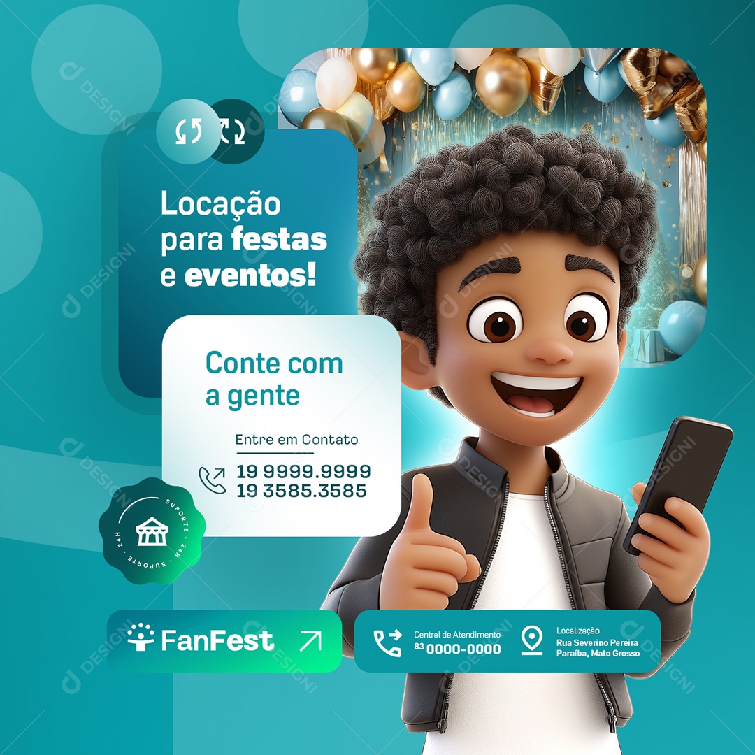 Locação para Festas e Eventos Conte Com a Gente Suporte Social Media PSD Editável