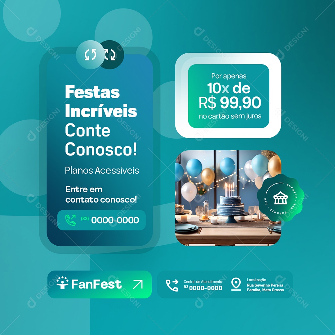 Locação para Festas e Eventos Planos Acessíveis Social Media PSD Editável