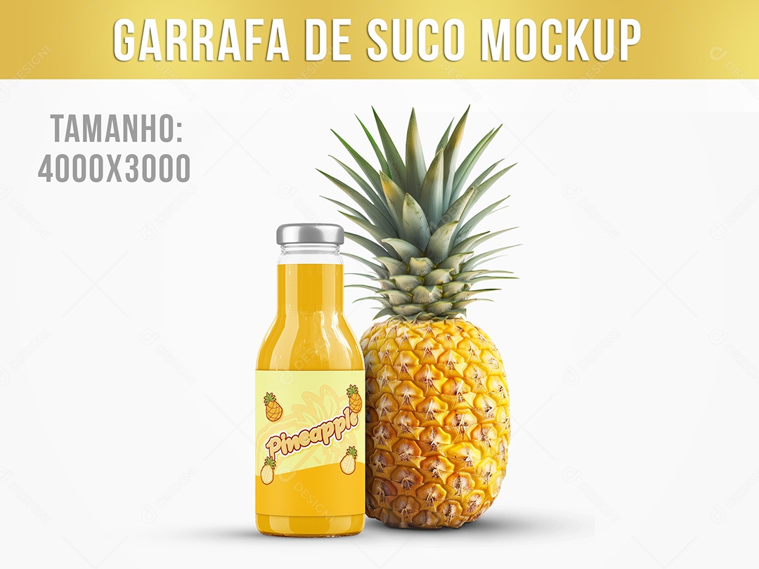 Garrafa de Suco de Abacaxi Mockup PSD Editável
